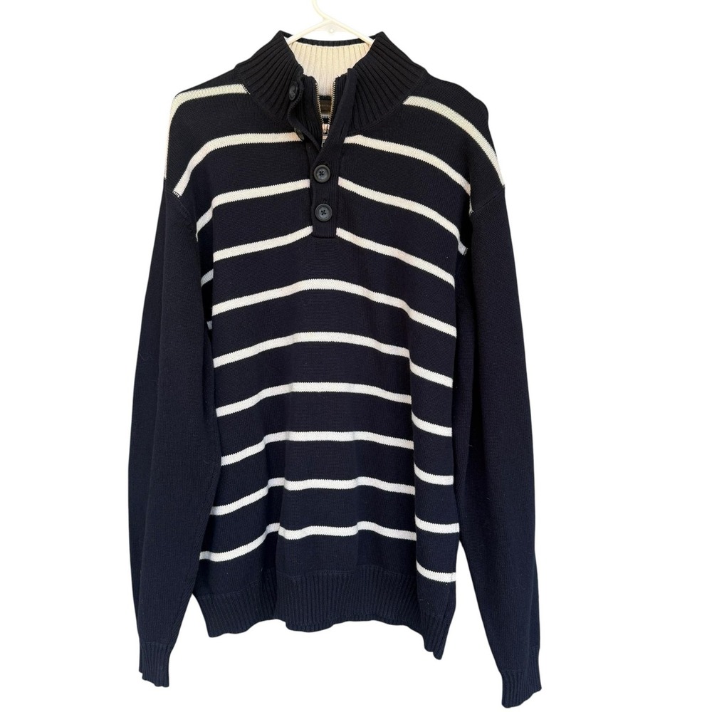 Sebastian Cooper Sweater Mens 2XL Blue Striped Mock Neck Henley 1/4 Zip Knit
